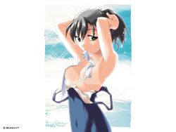 Rule 34 | 1girl, adjusting hair, armpits, bikini tan, black eyes, black hair, clothes pull, mouth hold, one-piece swimsuit, one-piece swimsuit pull, school swimsuit, solo, swimsuit, tan, tanline, topless, upper body, watanabe akio