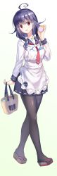 Rule 34 | 1girl, :d, ahoge, apron, bag, black pantyhose, food, hair flaps, highres, holding, holding food, kantai collection, looking at viewer, low twintails, magatama, neckerchief, open mouth, pantyhose, purple hair, red eyes, red neckerchief, rei (rei&#039;s room), sailor collar, sandals, school uniform, serafuku, shopping bag, simple background, smile, solo, taigei (kancolle), twintails, walking, white background
