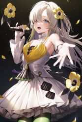 Rule 34 | 1girl, bare shoulders, black background, blonde hair, blue eyes, blush, choker, cowboy shot, creature, detached sleeves, dress, familiar, flower, frilled dress, frills, gloves, green pantyhose, grey hair, hair flower, hair ornament, hair over one eye, heterochromia, highres, holding, holding microphone, isekai joucho, kamitsubaki studio, long hair, looking at viewer, microphone, multicolored clothes, multicolored dress, multicolored hair, open mouth, pantyhose, petals, reaching, reaching towards viewer, red eyes, ribbon, ribbon choker, sleeveless, sleeveless dress, smile, solo, two-tone hair, virtual youtuber, white gloves, white ribbon, yotsugi