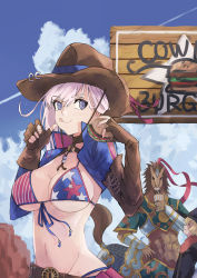 Rule 34 | 1girl, 2boys, absurdres, american flag bikini, asymmetrical gloves, bikini, billy the kid (fate), blonde hair, blue eyes, blue jacket, blue sky, blush, breasts, brown gloves, bun cover, burger, centaur, chitake, choker, cleavage, collarbone, cowboy hat, cropped jacket, cup, eating, fate/grand order, fate (series), fingerless gloves, flag print, food, gloves, hair bun, hair ribbon, hat, highres, horse boy, jacket, large breasts, licking lips, long hair, long sleeves, looking at viewer, miyamoto musashi (fate), miyamoto musashi (fate/grand order), miyamoto musashi (swimsuit berserker) (fate), miyamoto musashi (swimsuit berserker) (second ascension) (fate), multiple boys, pink hair, red hare (fate), ribbon, shrug (clothing), side bun, single hair bun, single side bun, sky, smile, swept bangs, swimsuit, taur, tongue, tongue out
