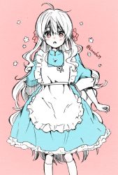 Rule 34 | 1girl, ahoge, apron, artist name, blue dress, blush, chestnut mouth, collared dress, dress, frilled apron, frilled dress, frills, hair between eyes, hair ribbon, hairband, jewelry, kagerou project, key, kozakura marry, light blush, long hair, looking down, mekakucity actors, necklace, nose blush, pink background, pink eyes, pink hairband, pink ribbon, ribbon, sa-fu (sfmk39), simple background, sleeve cuffs, sleeves past elbows, socks, solo, standing, twitter username, very long hair, white apron, white hair, white socks