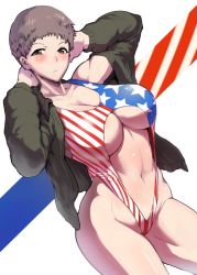 Rule 34 | 10s, 1girl, american flag, american flag print, arms behind head, arms up, blush, breasts, brown eyes, brown hair, center opening, cleavage, flag print, freckles, girls und panzer, highleg, highleg swimsuit, huge breasts, jacket, naomi (girls und panzer), navel, one-piece swimsuit, open clothes, open jacket, sasaki tatsuya, short hair, solo, swimsuit, toned, underboob, very short hair