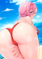Rule 34 | 1girl, ass, ayomo ro, bare shoulders, bikini, blue eyes, blush, braid, breasts, cameltoe, hair between eyes, highres, huge ass, large breasts, looking at viewer, looking back, navel, open mouth, pink hair, princess connect!, red bikini, short hair, solo, sweat, swimsuit, yui (princess connect!), yui (summer) (princess connect!)
