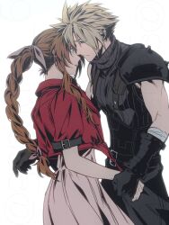 Rule 34 | 1boy, 1girl, aerith gainsborough, armor, bandaged arm, bandages, belt, black gloves, blonde hair, braid, braided ponytail, brown hair, closed mouth, cloud strife, couple, cowboy shot, cropped jacket, dress, earrings, final fantasy, final fantasy vii, final fantasy vii rebirth, final fantasy vii remake, gloves, hair ribbon, half-closed eyes, hetero, highres, holding hands, jacket, jewelry, long dress, long hair, multiple belts, parted bangs, parted lips, pink dress, pink ribbon, red jacket, ribbon, roku (gansuns), short hair, short sleeves, shoulder armor, sidelocks, single bare shoulder, single braid, single earring, single shoulder pad, sleeveless, sleeveless turtleneck, spiked hair, suspenders, tears, turtleneck, twitter username, wavy hair, white background