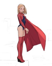 Rule 34 | 1girl, absurdres, bad id, bad pixiv id, blonde hair, blue leotard, blush, bob cut, boots, cape, city of heroes, commission, from side, full body, highres, leotard, looking at viewer, looking to the side, luimiart, medium hair, missile (city of heroes), own hands together, pixiv commission, red cape, red leotard, red thighhighs, smile, solo, superhero costume, thigh boots, thighhighs, two-tone leotard