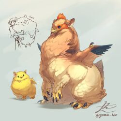 Rule 34 | 1boy, animal, animal focus, animal hug, bird, chick, chicken, chimera, commentary, english commentary, full body, fusion, grey background, griffin, highres, looking away, original, short hair, signature, simple background, twitter username, yamamura le