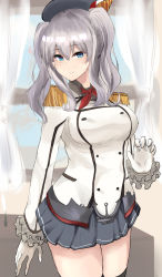 Rule 34 | 1girl, absurdres, beret, black hat, black skirt, black thighhighs, blue eyes, breasts, buttons, commentary request, curtains, epaulettes, frilled sleeves, frills, gloves, hat, highres, jacket, kantai collection, kashima (kancolle), large breasts, long hair, long sleeves, military jacket, neckerchief, negi seijin, pleated skirt, red neckerchief, sidelocks, silver hair, skirt, smile, solo, thighhighs, tsurime, twintails, wavy hair, white gloves, white jacket, window