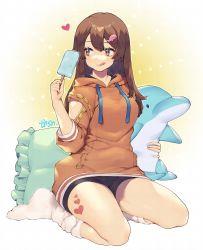 Rule 34 | 1girl, :q, bike shorts, black shorts, brown eyes, brown hair, dolphin, drawstring, food, guilty gear, guilty gear strive, heart, highres, holding, holding stuffed toy, hood, hoodie, may (guilty gear), murata tefu, orange hoodie, pillow, popsicle, shorts, socks, solo, stuffed animal, stuffed dolphin, stuffed toy, tongue, tongue out