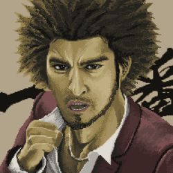 Rule 34 | 1boy, afro, beard, black eyes, brown background, brown hair, clenched hand, collarbone, daisen (specialdaisen), facial hair, fighting stance, highres, jewelry, kasuga ichiban, long sleeves, looking at viewer, male focus, medium hair, mustache, necklace, open mouth, pixel art, red suit, ryuu ga gotoku (series), ryuu ga gotoku 7, shirt, sideburns, solo, suit, teeth, upper body, v-shaped eyebrows, white shirt