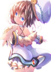 Rule 34 | 1girl, bare shoulders, blanc (neptunia), blue eyes, blush, brown hair, coat, cowboy shot, dress, from behind, hat, highres, looking at viewer, looking back, neptune (series), outstretched arms, shiratsuyu natsume, short hair, simple background, solo, white background, white dress