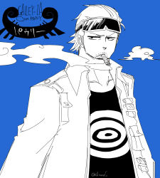 Rule 34 | 1boy, blue background, cigar, color background, goggles, jacket, male focus, one piece, paulie, shivanel, smoking, solo, souji (souji-59), water 7