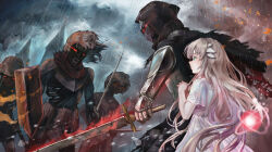 absurdres armor cloak cloud cloudy_sky dress ender_lilies_quietus_of_the_knights full_armor glowing glowing_eyes green_eyes grey_hair highres holding holding_shield holding_sword holding_weapon hood hooded_cloak knight kuronouka lily_(ender_lilies) long_hair outdoors own_hands_clasped own_hands_together rain red_eyes shield sky sword umbral_knight_(ender_lilies) undead weapon white_dress