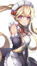 Rule 34 | 10s, 1girl, [saw], blonde hair, blush, closed mouth, female focus, headdress, long hair, looking at viewer, maid, maid headdress, myucel foalan, outbreak company, pointy ears, purple eyes, smile, solo, straight hair, twintails