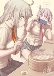Rule 34 | 2girls, ^^^, absurdres, alternate costume, bamboo steamer, baozi, blood, blush, breasts, chopsticks, closed mouth, collared shirt, dotted line, dress shirt, food, food on face, from side, grey hair, grey skirt, hand to own mouth, hand up, highres, holding, holding chopsticks, holding phone, kizuna akari, large breasts, leaning to the side, long hair, looking down, multiple girls, necktie, nosebleed, on stool, orange necktie, phone, pink necktie, pleated skirt, profile, purple eyes, recording, reflective table, school uniform, shade of trees, shirt, short hair with long locks, short sleeves, signature, simple background, sitting, skirt, small breasts, voiceroid, white shirt, yuzuki yukari