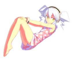 Rule 34 | 1girl, barefoot, disc, disc (needless), drill hair, feet, floating, fondoler, fondolger, headphones, legs, light smile, looking at viewer, needless, panties, polka dot, short twintails, silver hair, simple background, smile, solo, twin drills, twintails, underwear, yellow eyes