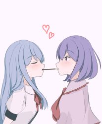 Rule 34 | 2girls, absurdres, blue hair, capelet, closed eyes, food, from side, heart, highres, hinanawi tenshi, looking at another, meikai (swr 104), multiple girls, nagae iku, no headwear, pink capelet, pocky, pocky day, purple hair, red eyes, short hair, simple background, touhou, upper body, white background, yuri