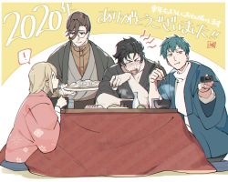Rule 34 | 1girl, 3boys, alternate costume, black hair, blonde hair, blue hair, brown hair, chopsticks, cup, drunk, fate/grand order, fate (series), food, glasses, grey eyes, happy new year, hijikata toshizou (fate), holding, holding chopsticks, holding remote control, kotatsu, looking at another, looking to the side, lunapont, multiple boys, new year, noodles, okita souji (fate), orange eyes, remote control, saitou hajime (fate), sitting, soba, table, yamanami keisuke (fate)