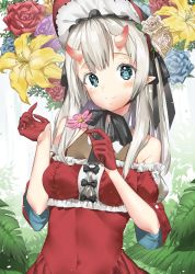 Rule 34 | 1girl, bad id, bad pixiv id, black bow, black ribbon, blue eyes, blue flower, blue rose, blush, bonnet, bow, breasts, closed mouth, covered navel, dress, floral background, flower, flower request, frilled dress, frills, gloves, h shai, hat, hat flower, highres, horns, leaf, long hair, looking at viewer, medium breasts, neck ribbon, off-shoulder dress, off shoulder, oni, oni horns, original, pink flower, plant, pointy ears, purple flower, purple rose, red dress, red flower, red gloves, red hat, red rose, ribbon, rose, short sleeves, silver hair, smile, solo, tareme, upper body, white flower, white rose