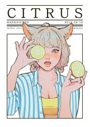 Rule 34 | 1girl, animal ears, blunt bangs, blush, braid, breasts, cat ears, cleavage, collarbone, dated, english text, final fantasy, final fantasy xiv, food, freckles, fruit, icebear kvitebjoern, lemon, lemon slice, light brown hair, lips, miqo&#039;te, open clothes, open mouth, open shirt, outside border, red eyes, shirt, solo, striped clothes, striped shirt, white background