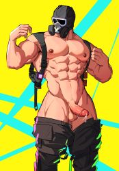 Rule 34 | 1boy, abs, bara, black pants, clothes pull, cum, cyberpunk (series), cyberpunk edgerunners, ejaculation, erection, gas mask, highres, large pectorals, male focus, mask, muscular, muscular male, mute (rainbow six siege), navel, nipples, open pants, pants, pants pull, pectorals, penis, rainbow six siege, sedo (usingincognito), solo