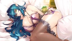 Rule 34 | 1girl, annerose vajra, artist request, bed, bed sheet, blue hair, breasts, cleavage, highres, huge breasts, koutetsu no majo annerose, koutetsu no majo anneroze, lingerie, long hair, lying, negligee, on side, pointy ears, solo, thighhighs, underwear, yellow eyes