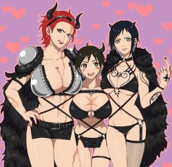 Rule 34 | 3girls, arm tattoo, beast pirates uniform, belt, bikini, black bikini, black hair, black horns, black nails, blush stickers, breast tattoo, breasts, cape, collarbone, commentary request, earrings, eustass kid, fishnet thighhighs, fishnets, genderswap, genderswap (mtf), hand on own hip, hand tattoo, heart, heart background, height difference, highres, horns, huge breasts, jewelry, large breasts, looking at viewer, monkey d. luffy, multiple girls, one piece, parted lips, piratesebine, purple background, red eyes, red hair, red lips, short hair, shoulder pads, single thighhigh, skirt, smile, stomach, studded belt, swimsuit, tattoo, thighhighs, thighs, trafalgar law, yellow eyes