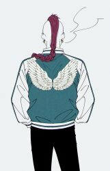 Rule 34 | 1boy, alternate costume, casual, cowboy shot, earrings, facing away, from behind, highres, jacket, jewelry, letterman jacket, male focus, mohawk, one piece, pants, partially colored, pink hair, ponytail, smoke trail, solo, wing print, wings, wiwi tebaco4, wyper (one piece)