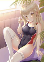 Rule 34 | 1girl, black one-piece swimsuit, blonde hair, breasts, commentary request, competition swimsuit, covered navel, cowboy shot, glass, highres, kuuron, long hair, looking at viewer, medium breasts, one-piece swimsuit, onsen musume, original, sakunami nichika, sitting, solo, swimsuit, thighhighs, tile wall, tiles, white thighhighs, window, yellow eyes