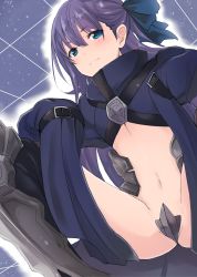 Rule 34 | 10s, 1girl, :3, absurdres, armor, armored boots, black coat, black thighhighs, blue eyes, blue ribbon, blush, boots, closed mouth, coat, crotch plate, dyson (edaokunnsaikouya), fate/extra, fate/extra ccc, fate (series), hair between eyes, hair ribbon, hands in opposite sleeves, hands on legs, highres, light smile, long hair, looking at viewer, meltryllis (fate), navel, purple hair, ribbon, sitting, smile, solo, spread legs, thighhighs, thighs