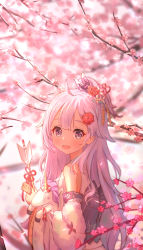 Rule 34 | 1girl, absurdres, ahoge, arrow (projectile), azur lane, bare shoulders, blush, cherry blossom print, cherry blossoms, commentary request, detached sleeves, ema, falling petals, floral print, flower, from side, hair flower, hair ornament, hamaya, highres, japanese clothes, kanzashi, kimono, long sleeves, looking at viewer, meng mian, open mouth, petals, purple eyes, purple hair, smile, solo, spring (season), stuffed winged unicorn, unicorn (azur lane), unicorn (prayer of plum and snow) (azur lane), unicorn (the gift of spring) (azur lane), wide sleeves