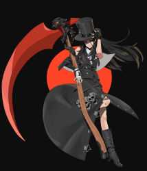 Rule 34 | 1other, absurdres, adjusting clothes, adjusting headwear, androgynous, ascot, asymmetrical gloves, asymmetrical sleeves, bare shoulders, black background, black footwear, black gloves, black hair, black hat, collar, fingerless gloves, full body, gloves, guilty gear, guilty gear strive, hat, hat ornament, highres, holding, holding scythe, long hair, looking at viewer, makai, other focus, parted lips, red eyes, scythe, skull, skull hat ornament, standing, standing on one leg, studded collar, testament (guilty gear), top hat, white ascot, white gloves