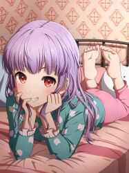 Rule 34 | 1girl, absurdres, alternate hairstyle, bang dream!, barefoot, blush, hair down, hand in own hair, head rest, highres, indoors, long hair, looking at viewer, lying, noshimurin, on bed, on stomach, pajamas, purple hair, red eyes, smile, solo, udagawa ako