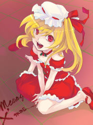 Rule 34 | 1girl, akaya (rednight dd), bad id, bad pixiv id, barefoot, blonde hair, blood, christmas, female focus, flandre scarlet, hair ribbon, hat, one side up, open mouth, ponytail, red eyes, ribbon, shoes, short hair, side ponytail, single shoe, solo, touhou
