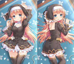 Rule 34 | 1girl, :d, arm up, backless dress, backless outfit, black dress, black thighhighs, blue eyes, blush, breasts, brown hair, closed mouth, commentary, craytm, dakimakura (medium), dress, english commentary, frilled dress, frilled sleeves, frills, habit, juliet sleeves, long hair, long sleeves, lying, nun, on back, on side, open mouth, original, petals, puffy sleeves, small breasts, smile, thighhighs, very long hair, wide sleeves, wooden floor