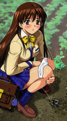 Rule 34 | 1girl, artist request, blue legwear, blue skirt, blush, bow, bowtie, breasts, briefcase, brown eyes, brown footwear, brown hair, brown jacket, jacket, charm (object), long hair, looking at viewer, medium breasts, panties, panty pull, peeing, plaid, plaid skirt, puddle, school uniform, shirt, shoes, skirt, socks, squatting, underwear, white panties, white shirt, yellow neckwear