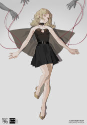 Rule 34 | 1girl, alternate costume, alternate eye color, alternate hairstyle, belt, black cape, black dress, blonde hair, blood, breasts, cape, character name, cleavage, closed mouth, cracked skin, doll joints, dress, earclip, earrings, expressionless, full body, halterneck, highres, intravenous drip, jewelry, joints, kirisame marisa, legs, long hair, looking at viewer, medium breasts, pleated dress, reeh (yukuri130), see-through, short dress, sideways glance, simple background, solo, thighs, touhou, white background, yellow neckwear