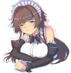 Rule 34 | 1girl, alternate costume, black bow, black dress, bow, breasts, brown hair, cat with a brush, clenched hand, detached sleeves, dress, enmaided, highres, large breasts, long hair, looking at viewer, maid, maid headdress, muv-luv, muv-luv alternative, muv-luv total eclipse, parted lips, purple eyes, smile, solo, takamura yui, white background