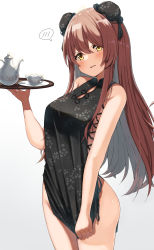 Rule 34 | 1girl, absurdres, bare arms, bare shoulders, black dress, blush, breasts, brown hair, bun cover, china dress, chinese clothes, colored inner hair, covering privates, covering crotch, cowboy shot, cup, double bun, dress, grey hair, hair bun, highres, holding, holding tray, idolmaster, idolmaster shiny colors, looking at viewer, multicolored hair, osaki tenka, parted lips, sleeveless, sleeveless dress, small breasts, solo, speech bubble, spoken blush, teacup, teapot, tray, two-tone hair, wanimaru, yellow eyes
