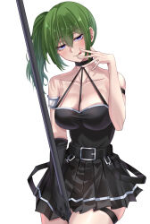 Rule 34 | 1girl, absurdres, arm strap, bare shoulders, belt, between breasts, between legs, black belt, black dress, black gloves, black skirt, breasts, cleavage, dress, elbow gloves, gloves, green hair, hair between eyes, highres, holding, holding polearm, holding weapon, large breasts, licking lips, long hair, looking at viewer, pleated skirt, polearm, purple eyes, side ponytail, single elbow glove, skirt, skirt set, smile, solo, sousou no frieren, thigh strap, tongue, tongue out, ubel (sousou no frieren), uyufuzi s, weapon, white background