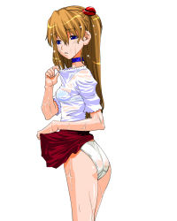 Rule 34 | 1girl, ass, blue eyes, blush, breasts, brown hair, clothes lift, flat ass, hair ornament, hair ribbon, highres, interface headset, lifting own clothes, long hair, looking away, medium breasts, neon genesis evangelion, open mouth, panties, ribbon, shinama, shiny skin, simple background, skirt, skirt lift, souryuu asuka langley, transparent, underwear, upper body, wet, wet clothes, white panties