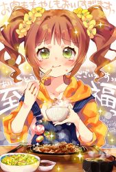 Rule 34 | 1girl, :t, text background, blush, bowl, brown hair, chopsticks, closed mouth, commentary request, crying, crying with eyes open, dated, eating, ech, flower, food, green eyes, hair flower, hair ornament, highres, holding, holding bowl, holding chopsticks, hood, hood down, hoodie, idolmaster, idolmaster (classic), long hair, long sleeves, looking at viewer, meat, orange hoodie, overalls, puffy long sleeves, puffy sleeves, revision, sidelocks, solo, sparkle, takatsuki yayoi, tears, translation request, twintails, upper body, wavy mouth, yellow flower
