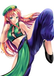 Rule 34 | 1girl, alternate costume, bare arms, bare shoulders, beret, black bow, black footwear, blue pants, bow, braid, breasts, clenched hand, commentary request, cowboy shot, crop top, fighting stance, flats, green eyes, green hat, green shirt, hair bow, hand up, hat, hip vent, hong meiling, leg up, long hair, looking at viewer, medium breasts, midriff, pants, pelvic curtain, red hair, shirt, simple background, sleeveless, sleeveless shirt, smile, solo, standing, standing on one leg, star (symbol), touhou, twin braids, uemura shun, very long hair, white background