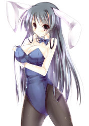 1girl absurdres amane_ruri animal_ears black_hair black_pantyhose breasts cleavage fake_animal_ears female_focus grey_eyes highres leotard long_hair md5_mismatch original pantyhose playboy_bunny rabbit_ears resolution_mismatch simple_background solo source_smaller type_(artist) white_background wrist_cuffs