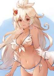 Rule 34 | 1girl, bad id, bad twitter id, bare shoulders, bikini, breasts, cleavage, collarbone, commentary request, cowboy shot, dark-skinned female, dark skin, flower, front-tie bikini top, front-tie top, granblue fantasy, groin, hair between eyes, hair flower, hair ornament, halterneck, highres, koretsuki azuma, large breasts, long hair, looking at viewer, navel, off shoulder, open clothes, open mouth, open shirt, red eyes, red flower, silver hair, smile, solo, stomach, swimsuit, very long hair, white bikini, zooey (granblue fantasy), zooey (summer) (granblue fantasy)