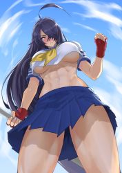 Rule 34 | 1girl, abs, absurdres, ahoge, anagumasan, black hair, blue skirt, blue sky, breasts, clenched hand, cloud, cloudy sky, commission, cowboy shot, fingerless gloves, from below, gloves, hair over one eye, highres, holding, ikkitousen, kan&#039;u unchou, long hair, navel, neckerchief, pixiv commission, pleated skirt, red gloves, shadow, skirt, sky, solo, standing, underboob, upshirt, yellow neckerchief