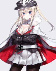 Rule 34 | 1girl, azur lane, bad id, bad nicoseiga id, black gloves, black pantyhose, blonde hair, blue eyes, breasts, cape, cleavage, cleavage cutout, clothing cutout, cosplay, cowboy shot, cross, elbow gloves, gloves, graf zeppelin (azur lane), graf zeppelin (azur lane) (cosplay), graf zeppelin (kancolle), grey background, hair between eyes, hat, highres, historical name connection, iron cross, kantai collection, large breasts, long hair, looking at viewer, name connection, nonon (xenonbot), pantyhose, peaked cap, pleated skirt, sidelocks, simple background, skirt, solo, twintails, white skirt