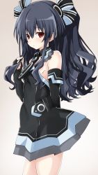 Rule 34 | arm behind back, bare ,shoulders, black hair, breasts, collar, dress, from side, frown, gloves, hair between eyes, highres, iwashi dorobou -r-, long hair, neptune (series), red eyes, shy, small breasts, thighs, tsundere, twintails, two side up, uni (neptunia), very long hair