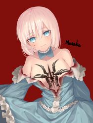 Rule 34 | 1girl, absurdres, bad id, bad pixiv id, bare shoulders, blonde hair, blood, blood on face, blue dress, blue eyes, breast tattoo, breasts, chest tattoo, collarbone, command spell, detached collar, dress, fate/prototype, fate (series), frilled dress, frills, highres, huyou (awegk), looking at viewer, medium breasts, off-shoulder dress, off shoulder, red background, sajou manaka, short hair, simple background, smile, solo, tattoo, wide sleeves