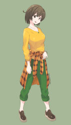 Rule 34 | 1girl, brown eyes, brown footwear, brown hair, casual, clothes around waist, dated, green background, green pants, head tilt, highres, hiryuu (kancolle), jacket, jacket around waist, jewelry, kantai collection, loafers, long sleeves, looking at viewer, necklace, official alternate costume, one side up, open mouth, orange jacket, pants, plaid, plaid jacket, shoes, short hair, simple background, smile, solo, sweater, toge nbo, twitter username, yellow sweater