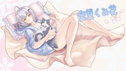 Rule 34 | 1girl, ahoge, animal, bare legs, barefoot, blue jacket, blush, cat, character name, character request, closed mouth, collarbone, frilled pillow, frills, full body, gradient background, grey hair, grey skirt, hair ornament, hand up, highres, holding, holding animal, holding cat, hood, hooded jacket, ishi (user vcwg3733), jacket, knees together feet apart, knees up, legs, long sleeves, navel, original, pillow, pink background, second-party source, sidelocks, skirt, sleeves rolled up, smile, solo, thighs, toenails, toes, unzipped, virtual youtuber, x hair ornament, yellow background, yellow eyes